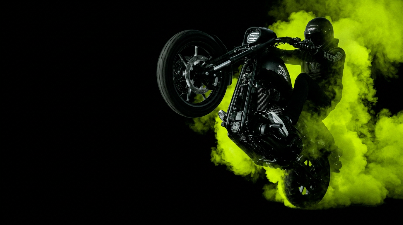 Motorcycle stunt rider with neon green smoke